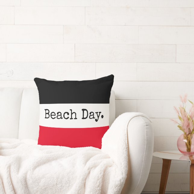 Retro BEACH DAY Black Bright Red White Stripes Cushion (Couch)