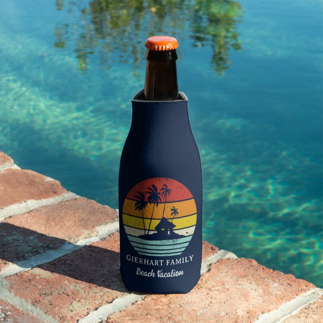 Retro Beach Family Coastal Vacation Script Bottle Cooler (In Situ Pool)