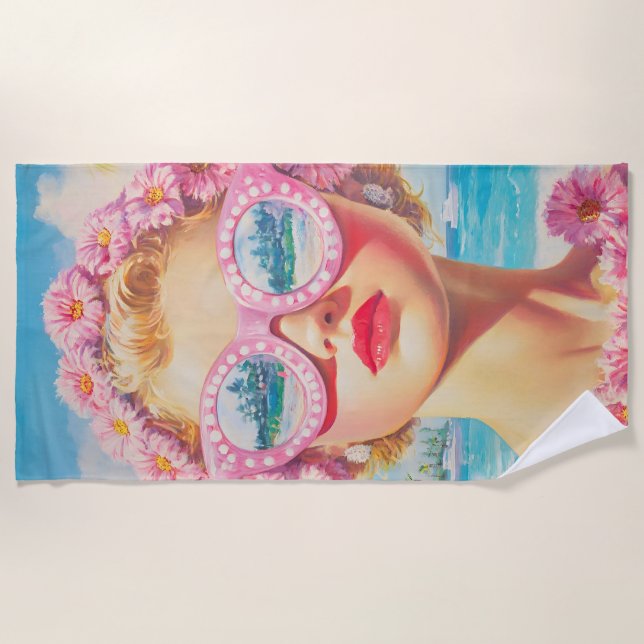 Retro Beach Girl with Floral Sunglasses Beach Towel (Front)