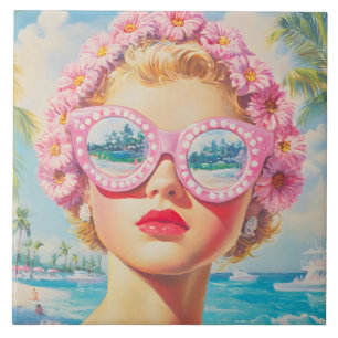 Retro Beach Girl with Floral Sunglasses Ceramic Tile