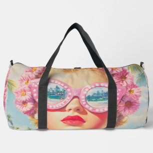 Retro Beach Girl with Floral Sunglasses Duffle Bag