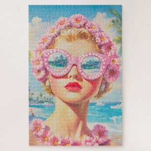 Retro Beach Girl with Floral Sunglasses Jigsaw Puzzle