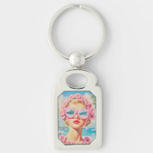 Retro Beach Girl with Floral Sunglasses Key Ring