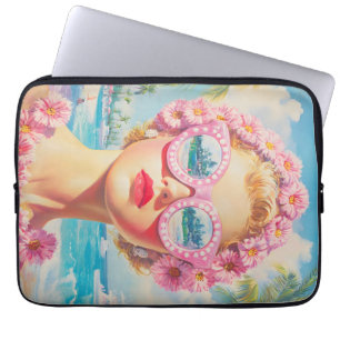 Retro Beach Girl with Floral Sunglasses Laptop Sleeve