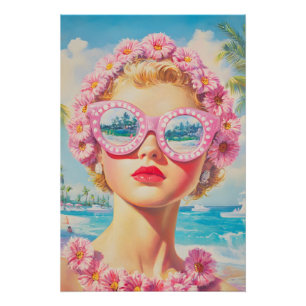 Retro Beach Girl with Floral Sunglasses Poster
