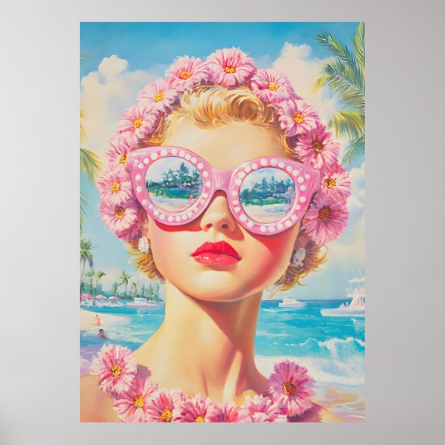 Retro Beach Girl with Floral Sunglasses Poster (Front)