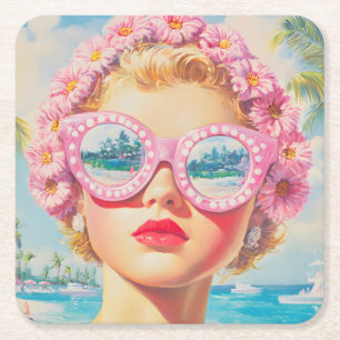 Retro Beach Girl with Floral Sunglasses Square Paper Coaster