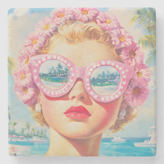 Retro Beach Girl with Floral Sunglasses Stone Coaster (Front)