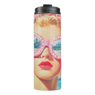 Retro Beach Girl with Floral Sunglasses Thermal Tumbler