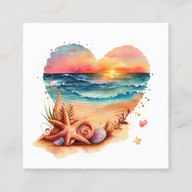 Retro Beach Heart Watercolor Square Business Card (Front)