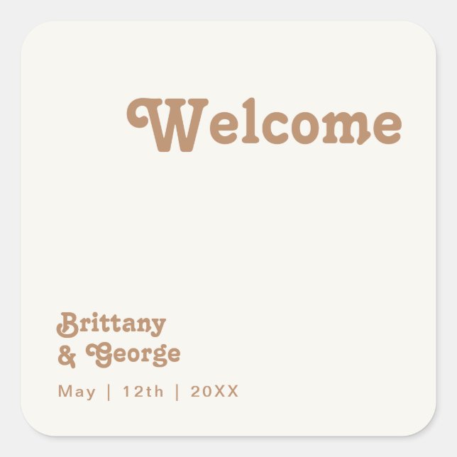 Retro Beach | Ivory Wedding Welcome Square Sticker (Front)