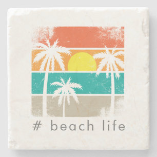 Retro Beach Life, White Silhouette Stone Coaster