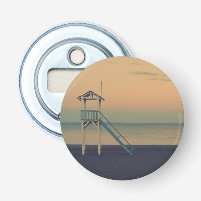 Retro Beach Lifeguard Tower Sunset Bottle Opener (Front)
