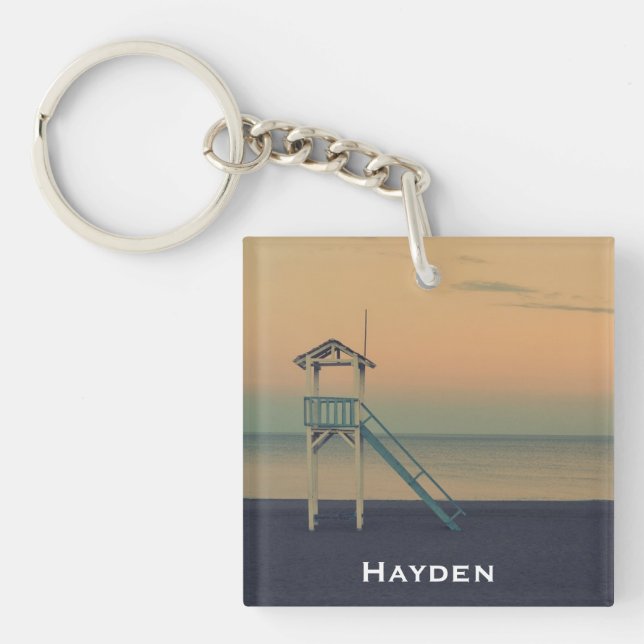 Retro Beach Lifeguard Tower Sunset Personalised Key Ring (Front)