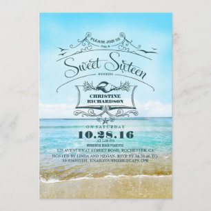 Retro Beach Ombre Blue Sea Sweet Sixteen Invitation