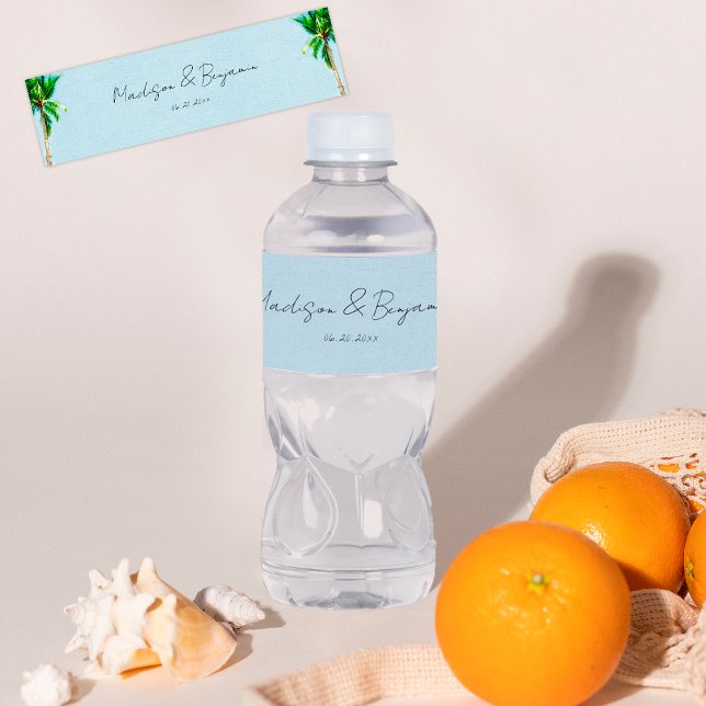 Retro Beach Palm Trees Personalised Wedding Water Bottle Label (Creator Uploaded)