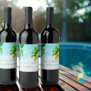 Retro Beach Palm Trees Personalised Wedding Wine Label
