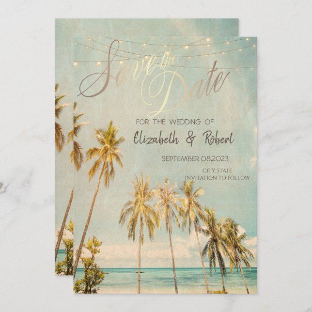 Retro Beach Palms Save The Date (Front/Back)