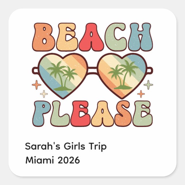 Retro Beach Please Sunset Palm Trees Sunglasses Square Sticker (Front)