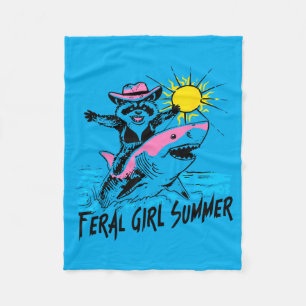 Retro Beach Racoon Feral Girl Summer Vacation Fleece Blanket