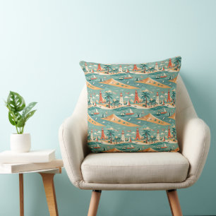 Retro Beach Scene Throw Pillow