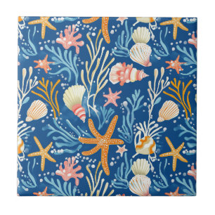 Retro Beach Seashell Orange Pink Yellow Blue Ceramic Tile
