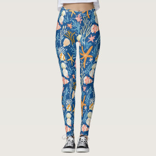 Retro Beach Seashell Orange Pink Yellow Blue Leggings