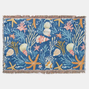 Retro Beach Seashell Orange Pink Yellow Blue Throw Blanket