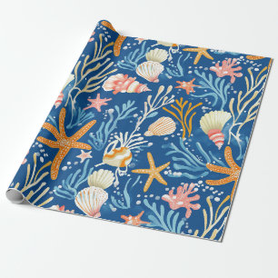 Retro Beach Seashell Orange Pink Yellow Blue Wrapping Paper