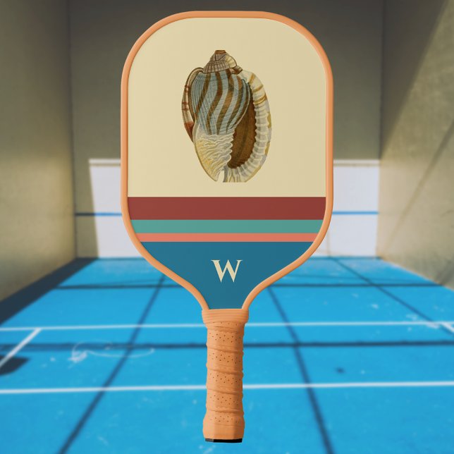 Retro Beach Stripes Sea Shell and Monogram Initial Pickleball Paddle (Creator Uploaded)