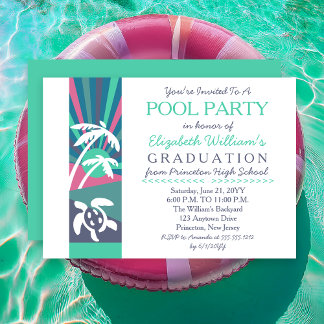 Retro Beach Sunset Graduation Pool Party Invitation