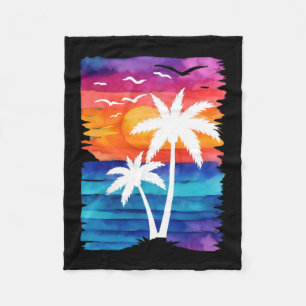 Retro Beach Sunset Palm Tree Vacation Watercolor Fleece Blanket