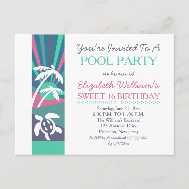 Retro Beach Sunset Sweet 16 Birthday Pool Party Postcard (Front)