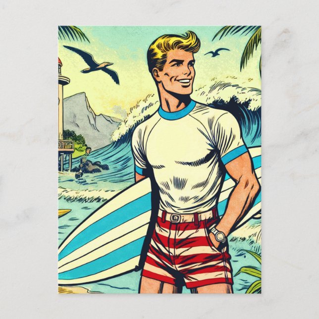 Retro Beach Surf Comics Postcard (Front)