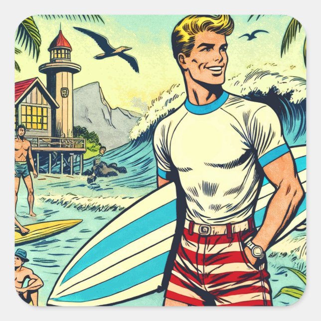 Retro Beach Surf Comics Square Sticker (Front)
