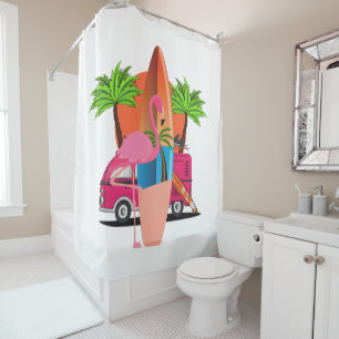 Retro Beach Surf Theme with Flamingo Shower Curtain