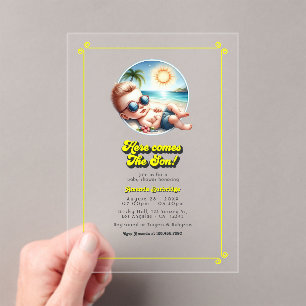 Retro Beach Theme Here Comes the Son Baby Shower Acrylic Invitations