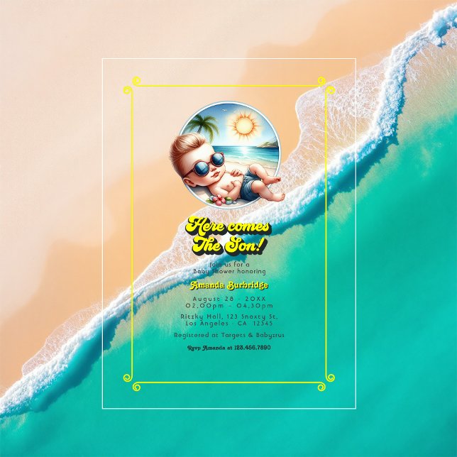 Retro Beach Theme Here Comes the Son Baby Shower Acrylic Invitations (Retro Beach Theme Here Comes the Son Baby Shower Acrylic Invitations)
