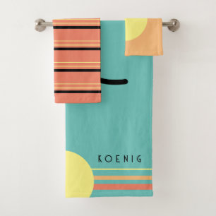Retro Beach Vibes Family Name Initial Bath Towel Set