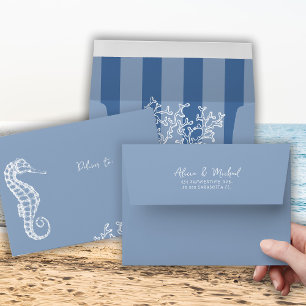 Retro beach wedding blue and white wedding  envelope