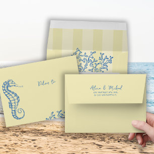 Retro beach wedding yellow blue wedding envelope