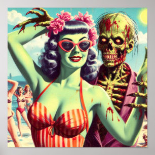 Retro Beach Zombie Pin-Up Poster