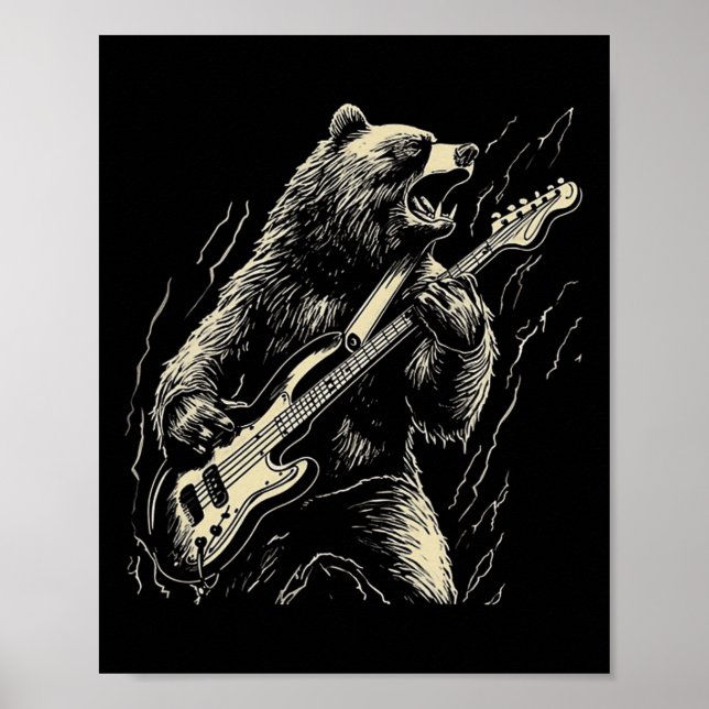 Retro Bear Playing Bass Guitar Bear Guitarist Musi Poster (Front)