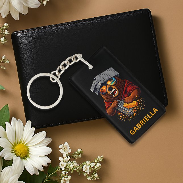 Retro Bear With Cheese Grater Hat and Sunglasses Key Ring (Front and back with the same image and text)