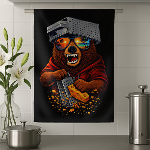Retro Bear With Cheese Grater Hat and Sunglasses Tea Towel