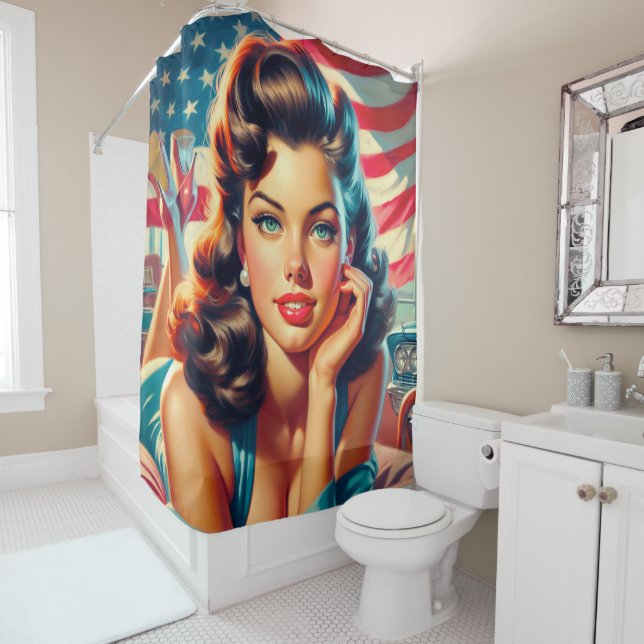 Retro Beautiful American Girl Shower Curtain (In Situ)