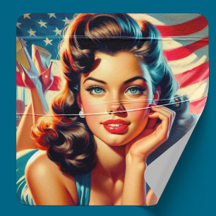 Retro Beautiful American Girl Square Sticker