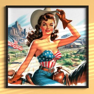 Retro Beautiful Cowgirl Pin Up Poster