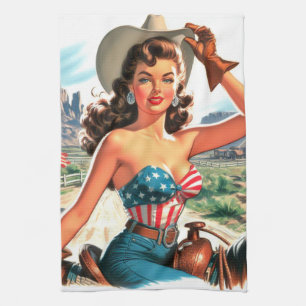 Retro Beautiful Cowgirl Pin Up Tea Towel