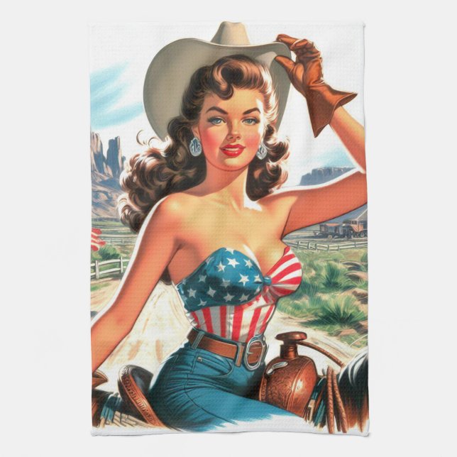Retro Beautiful Cowgirl Pin Up Tea Towel (Vertical)